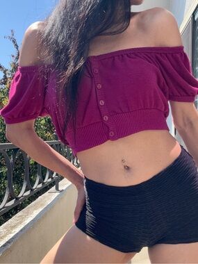 Y2K Magenta Off Shoulder Puff Sleeve Ceopped Knit Top Fairycore Rare Button